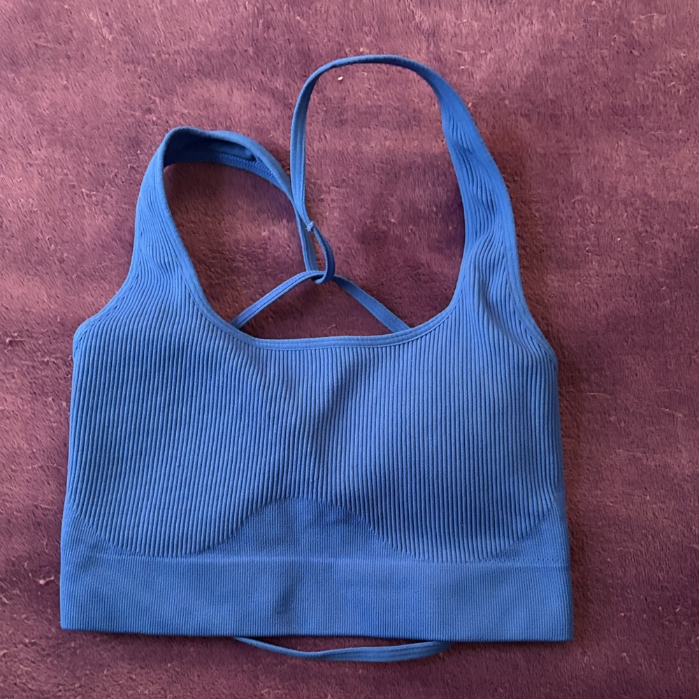 Blue Ribbed Women's Sports Bra and Leggings